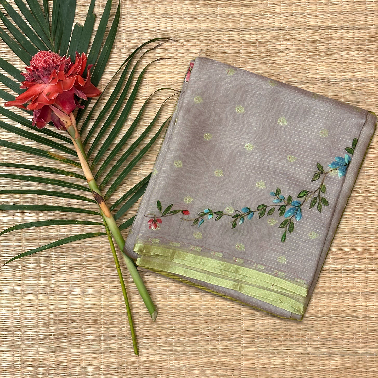 Lavender Hand Painted Organza Saree with Zari Lines