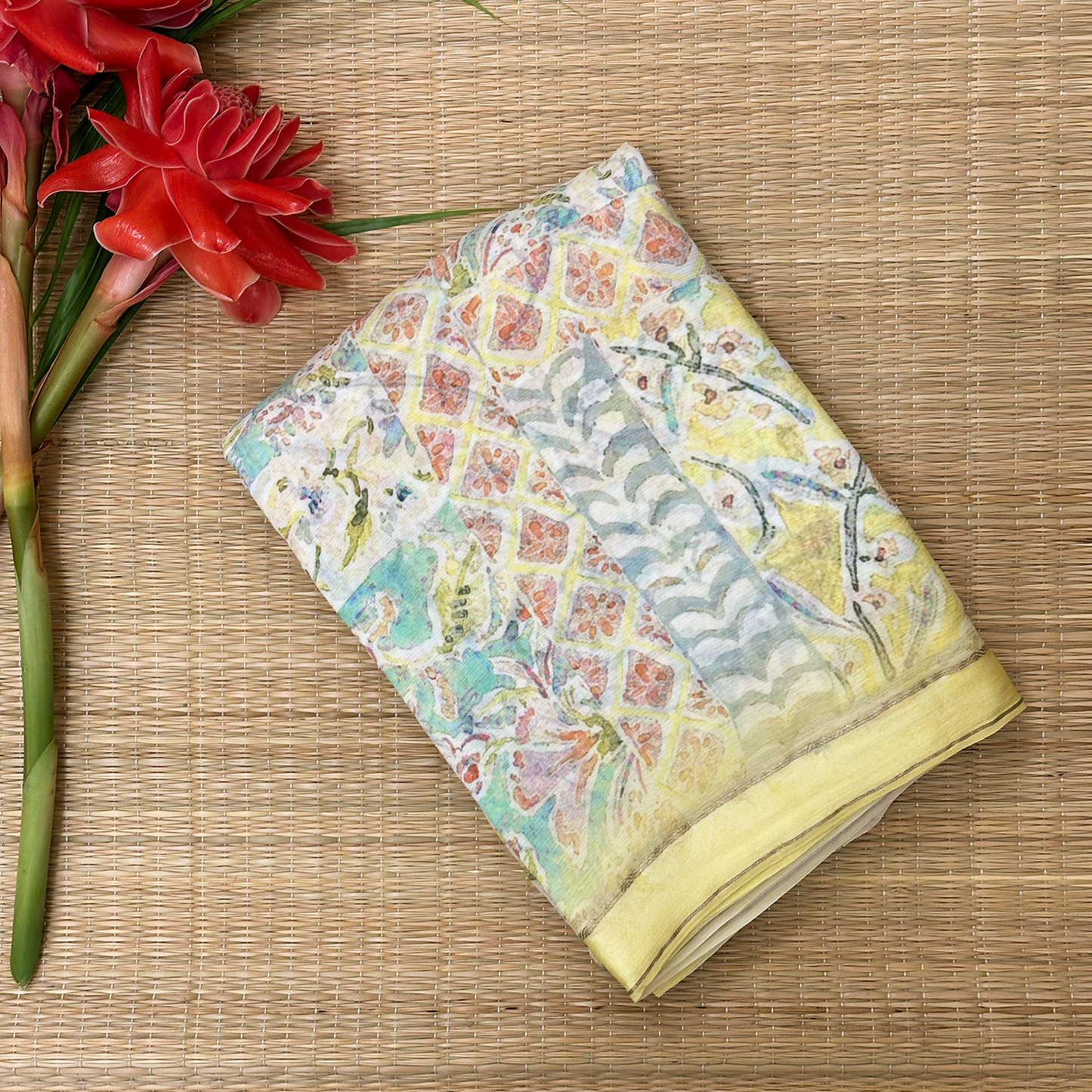 Yellow Pure Georgette Floral Digital Printed Saree with Blouse