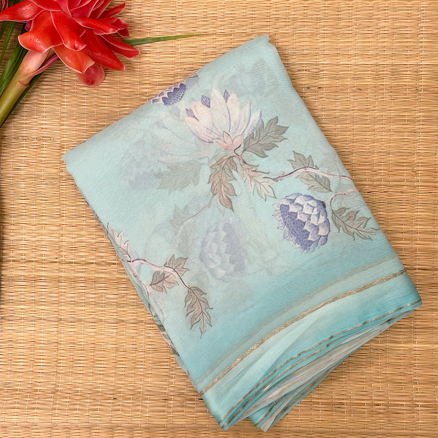 Blue Pure Georgette Floral Digital Printed Saree with Blouse