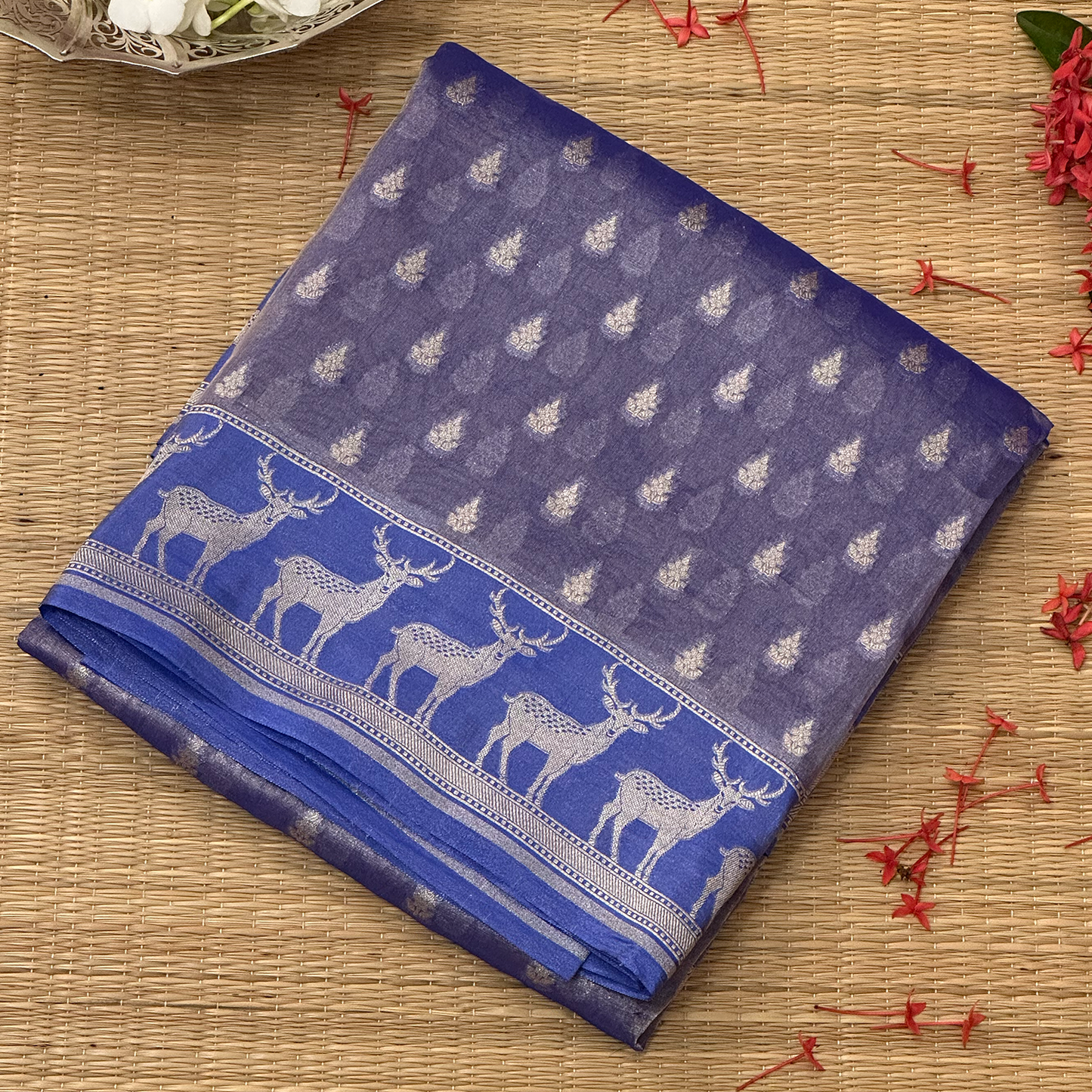 Royal Blue Kora Tissue Banarasi Saree with Antelope Border & Intricate Weave