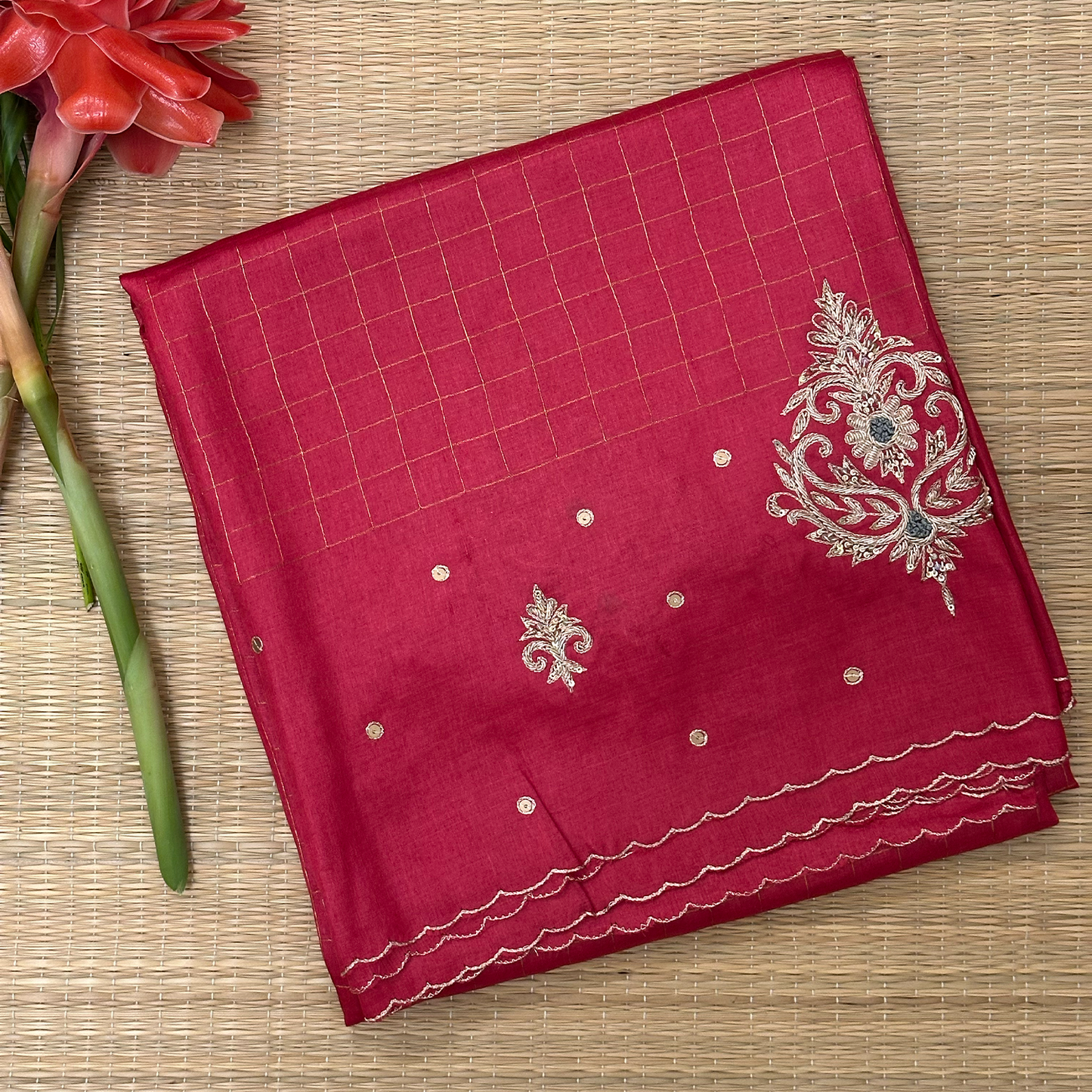 Ruby Pink Tussar Silk Saree with Zari Checks and Hand Embroidery