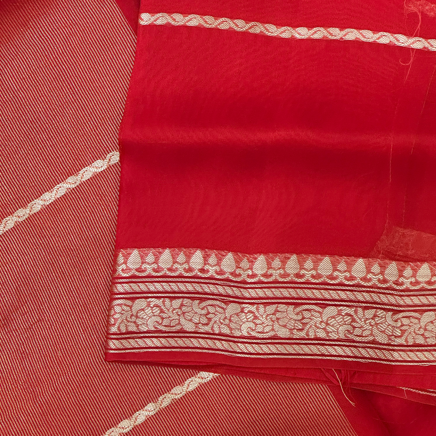 Chilli Red Kora Banarasi Saree with Pure Zari Border and Blouse