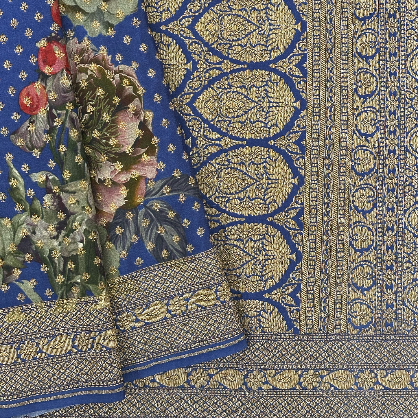 Blue Digital Printed Georgette Banarasi Saree with Antique Zari Detailing