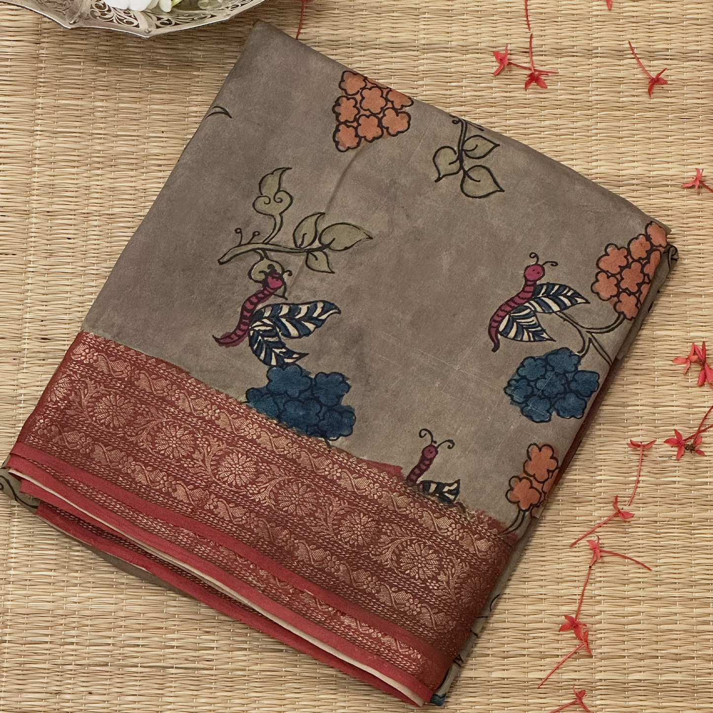 Earthy Brown Pen Kalamkari Saree on Banarasi Weave with Handcrafted Detailing