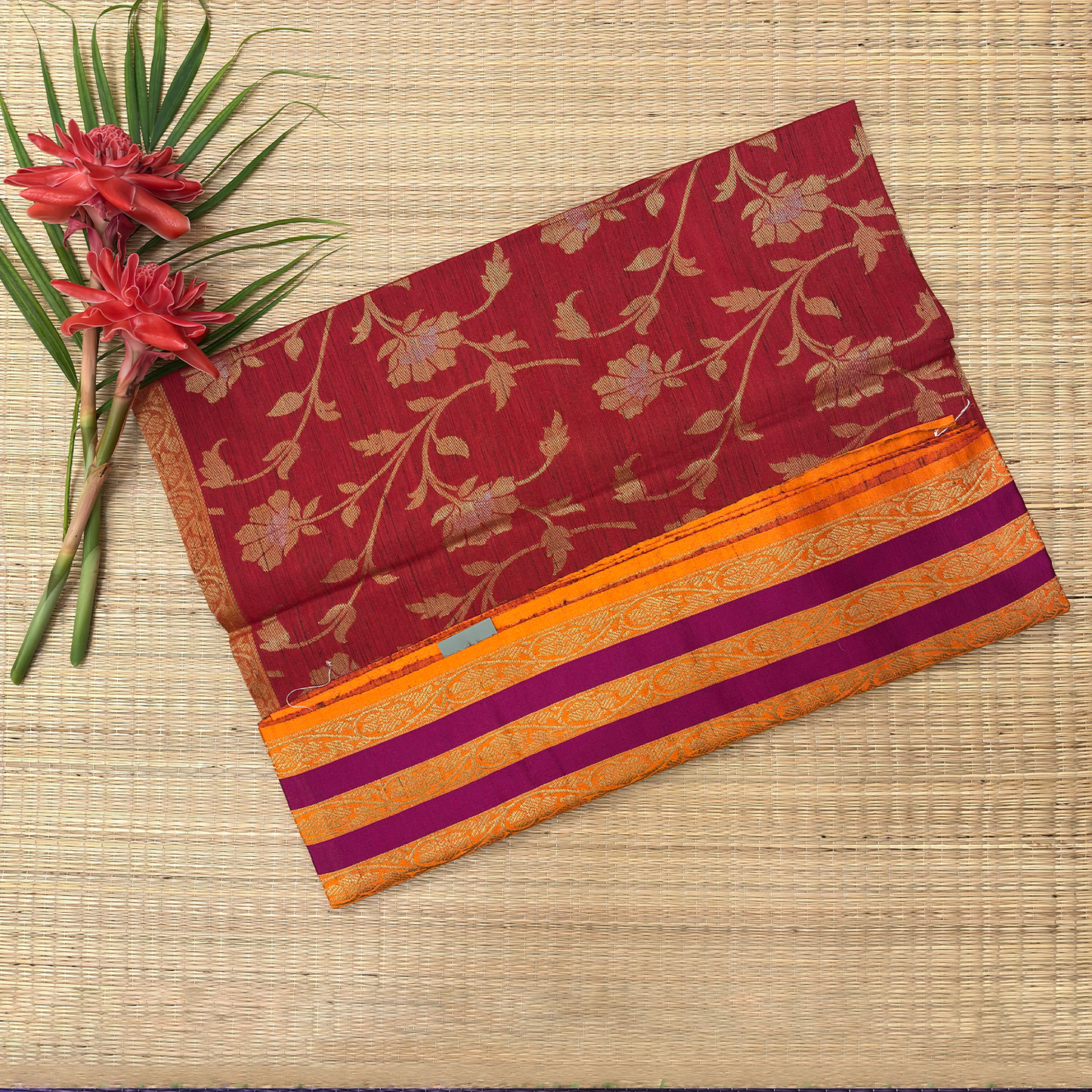 Red Tussar Banarasi Saree with Floral Weave & Neon Orange Zari Border