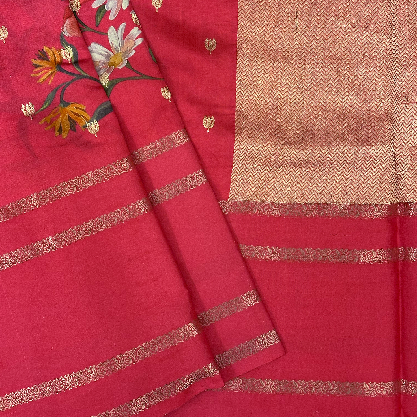 Crimson Pink Digital Printed Banarasi Pure Silk Saree with Floral Design