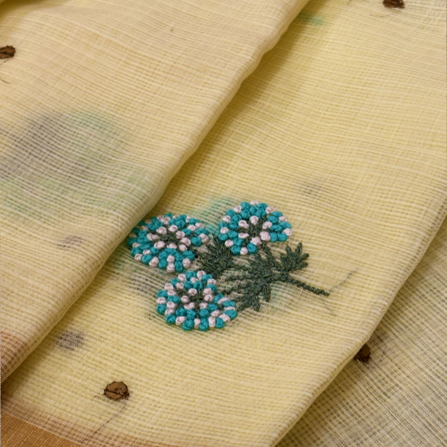 Lemon Yellow Pure Cotton Kota Saree with Hand Embroidery