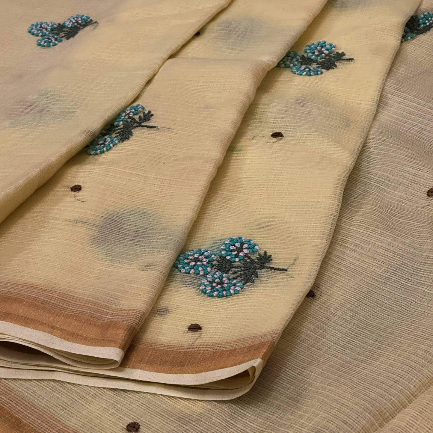 Lemon Yellow Pure Cotton Kota Saree with Hand Embroidery