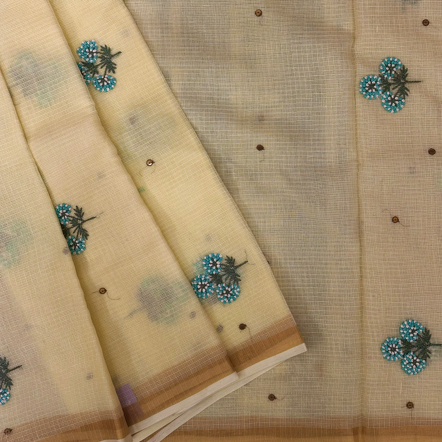 Lemon Yellow Pure Cotton Kota Saree with Hand Embroidery