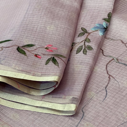 Lavender Hand Painted Organza Saree with Zari Lines
