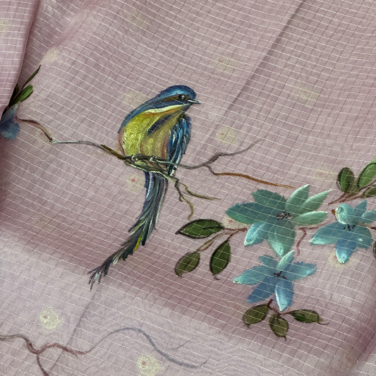 Lavender Hand Painted Organza Saree with Zari Lines