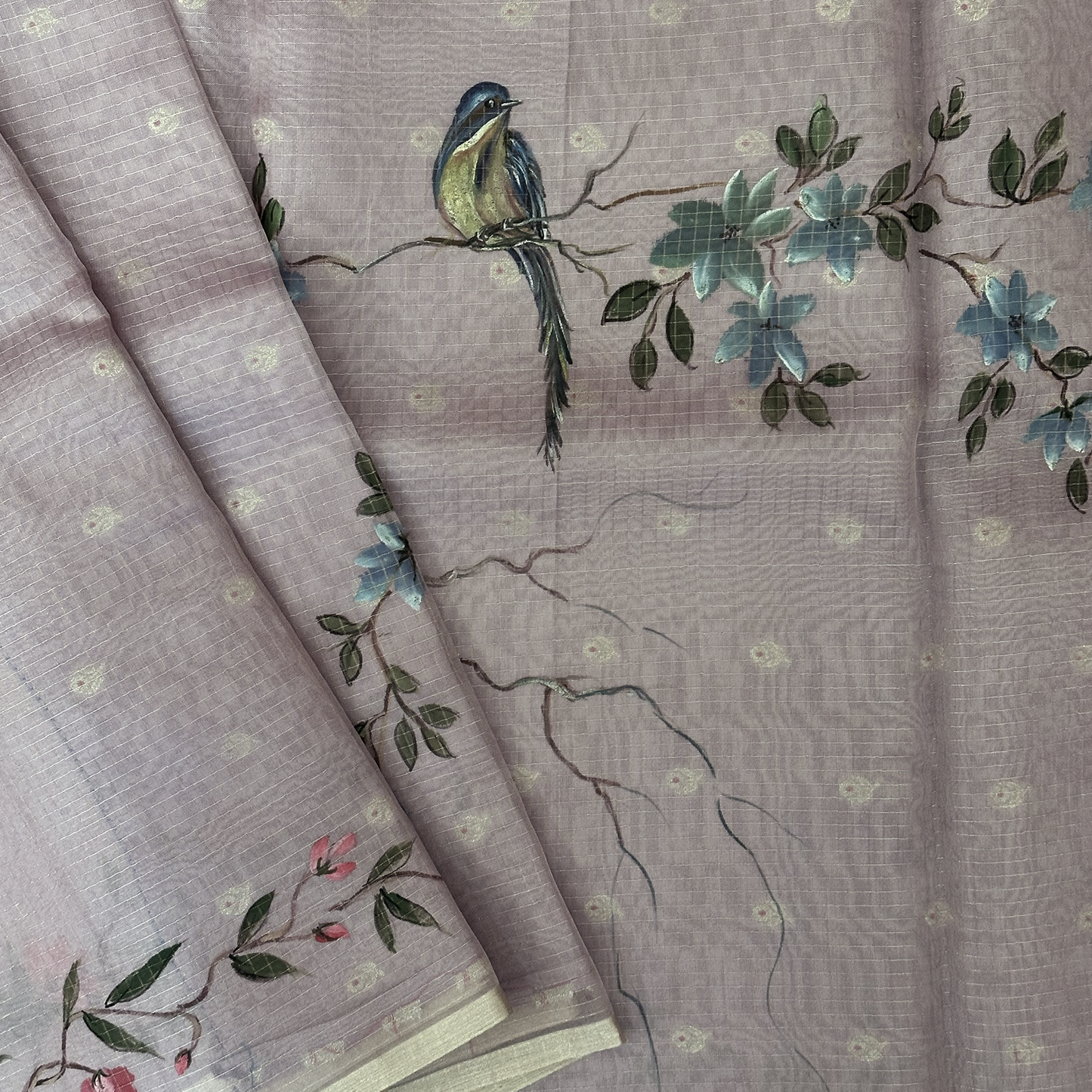 Lavender Hand Painted Organza Saree with Zari Lines