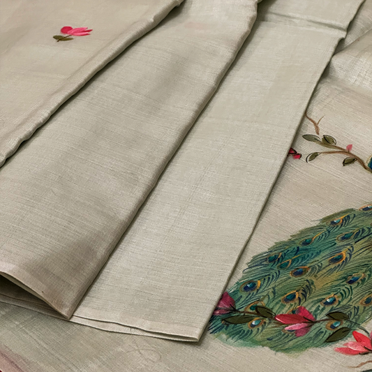 Pista Green Hand Painted Tussar Silk Saree with Peacock Art