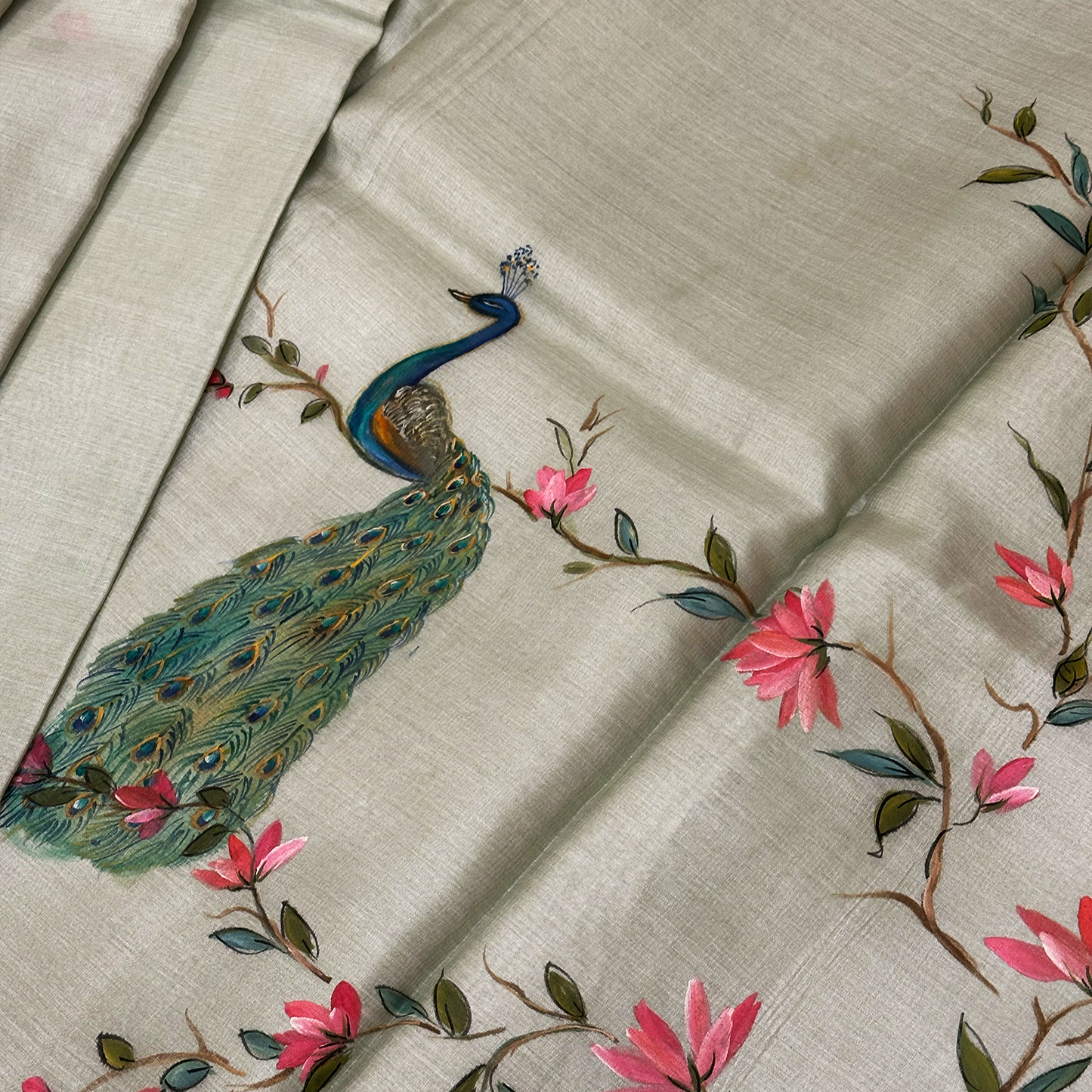 Pista Green Hand Painted Tussar Silk Saree with Peacock Art
