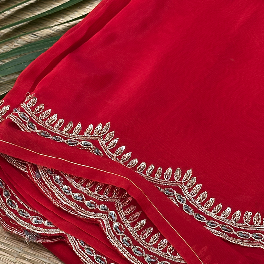 Chilli Red Modal Satin Saree with Zardosi Border