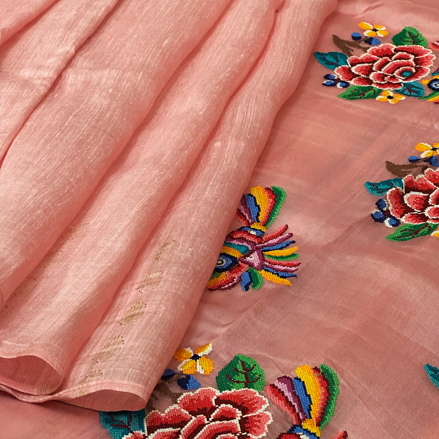 Light Pink Matka Silk Saree with Petite Point Embroidered Pallu