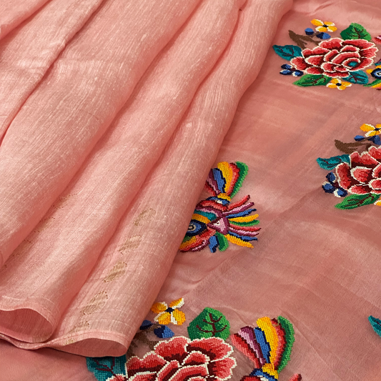 Light Pink Matka Silk Saree with Petite Point Embroidered Pallu