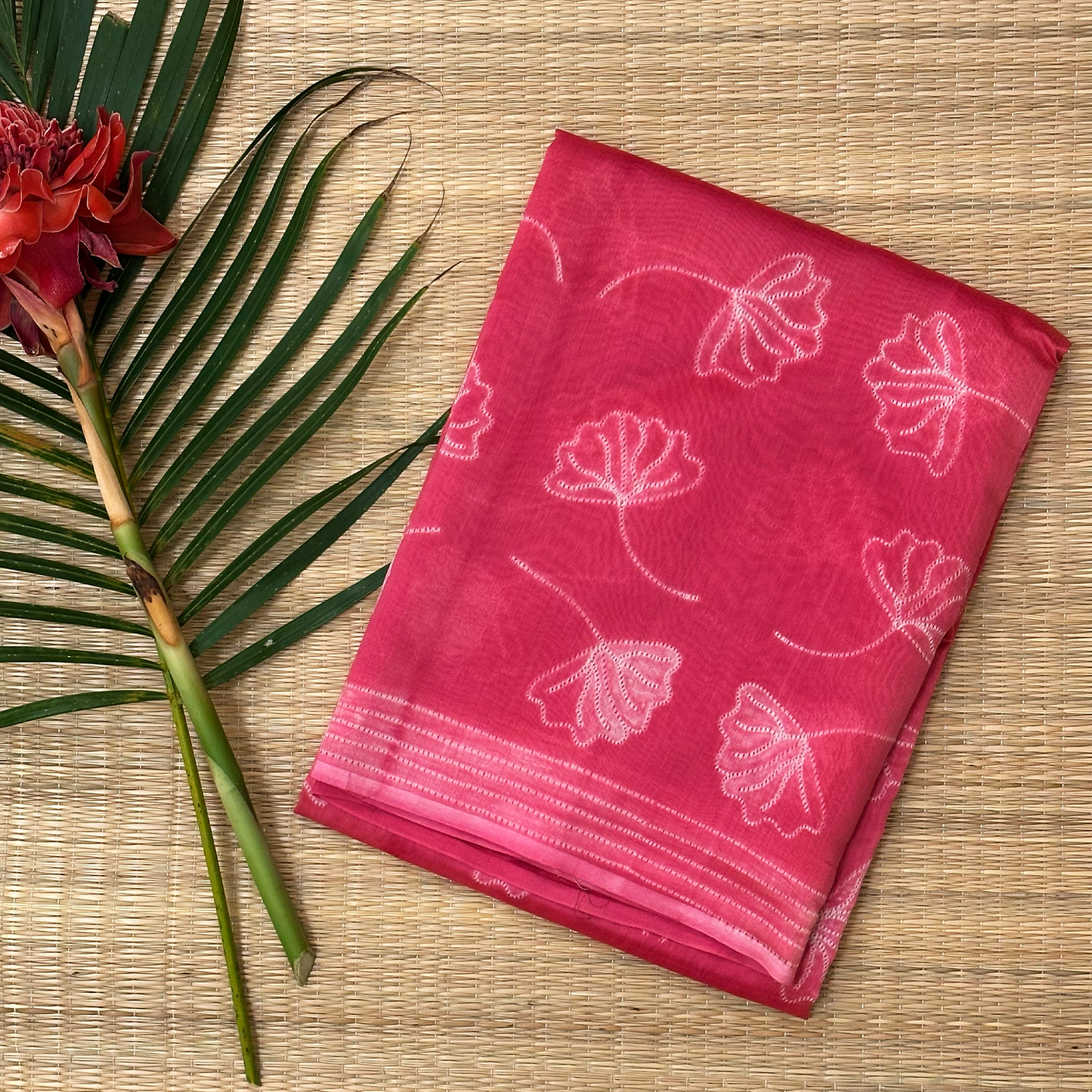 Rose Pink Chanderi Silk Saree with Floral Shibori Work
