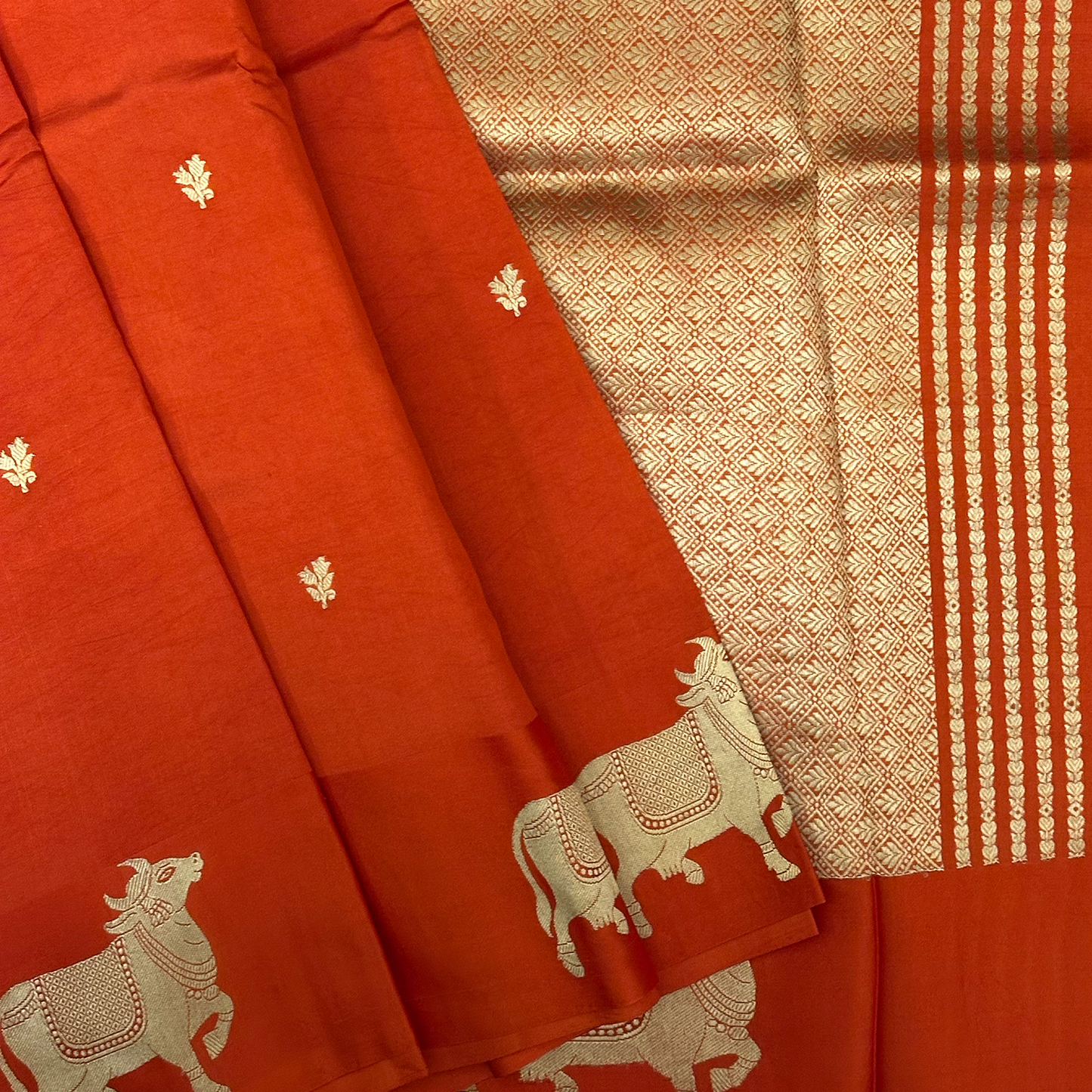 Fiery Orange Satin Finish Banarasi Silk Saree