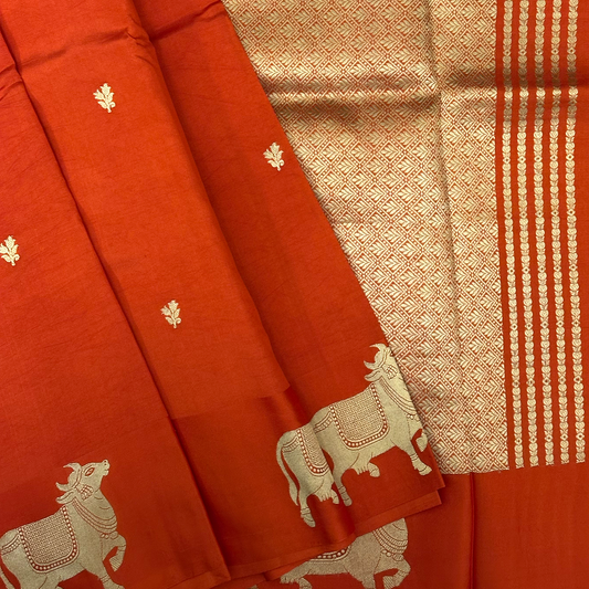 Fiery Orange Satin Finish Banarasi Silk Saree