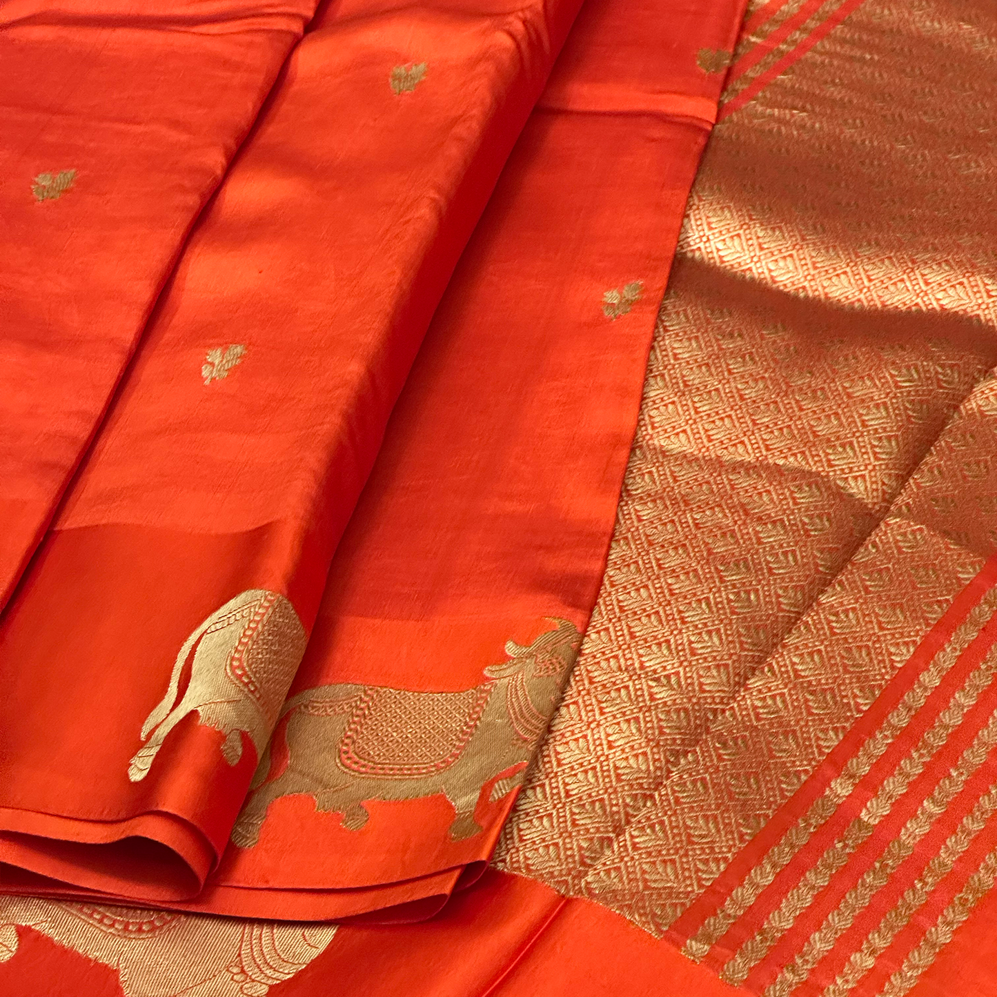 Fiery Orange Satin Finish Banarasi Silk Saree