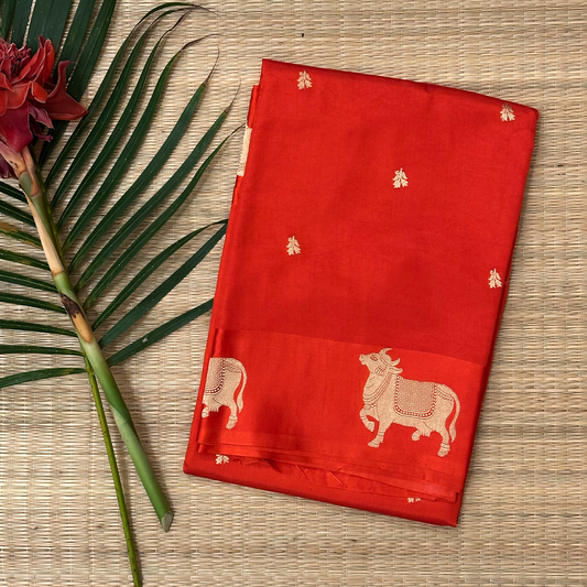 Fiery Orange Satin Finish Banarasi Silk Saree
