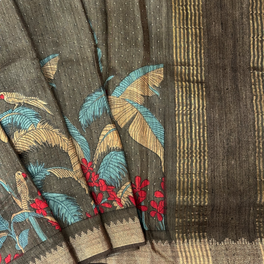 Earthy Green Linen Silk Saree with Digital Floral Print