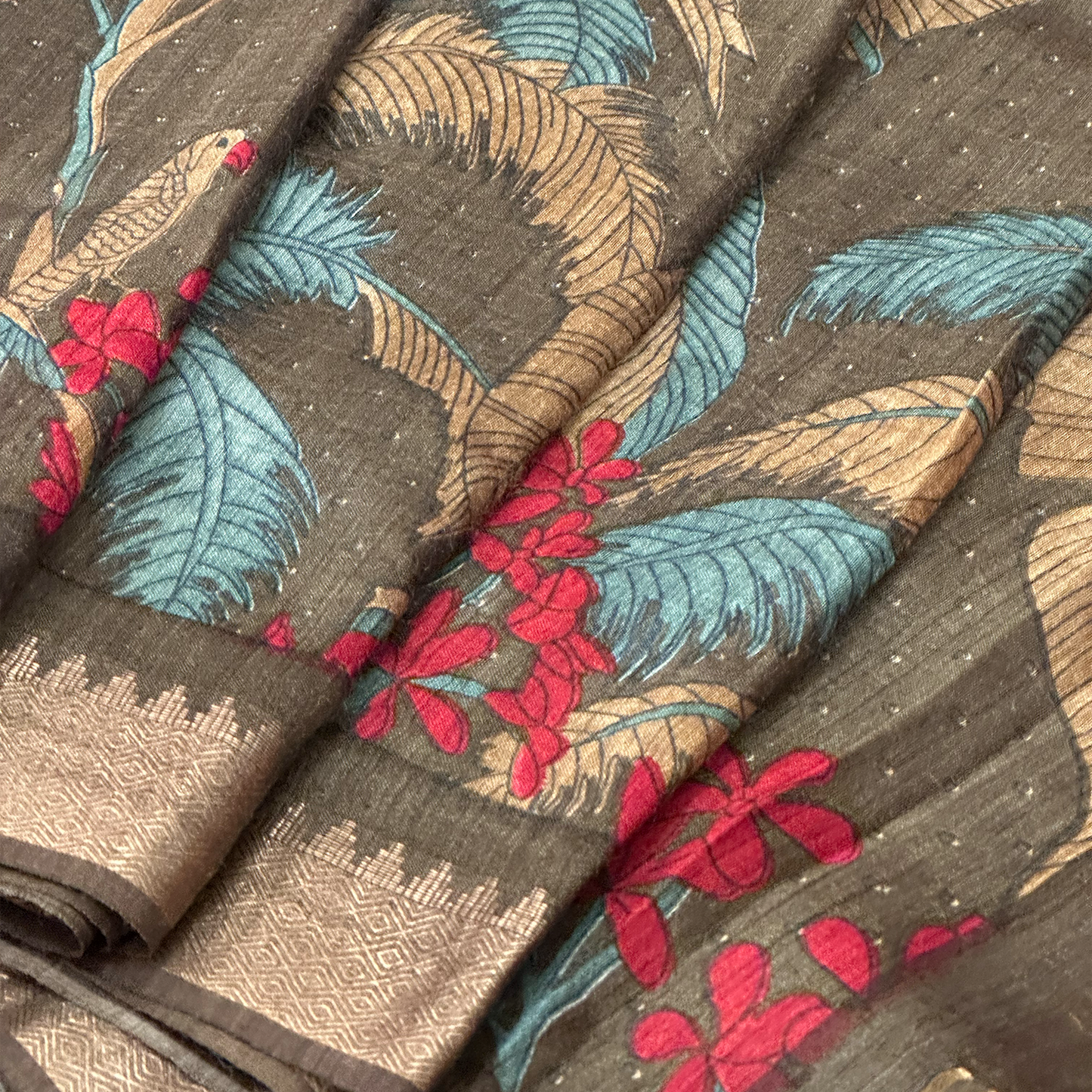 Earthy Green Linen Silk Saree with Digital Floral Print