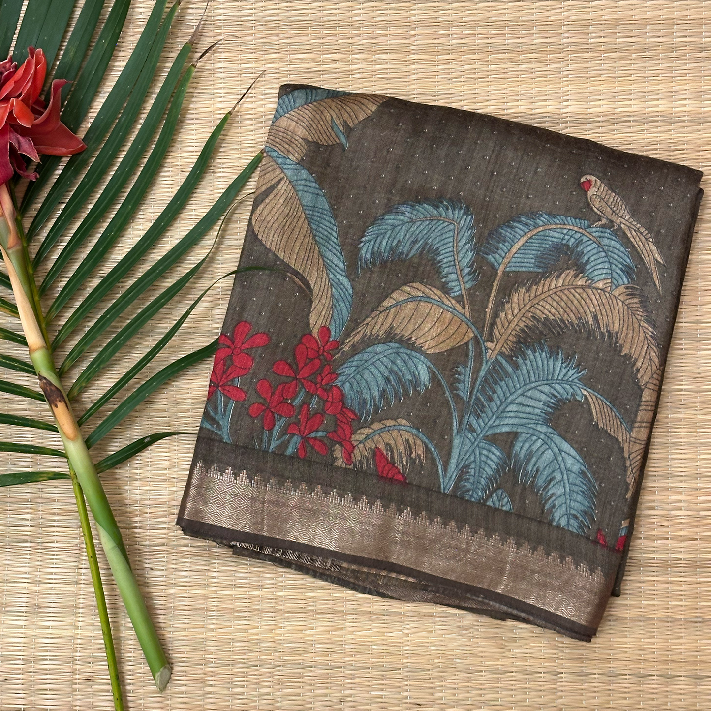 Earthy Green Linen Silk Saree with Digital Floral Print