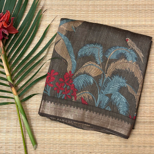 Earthy Green Linen Silk Saree with Digital Floral Print