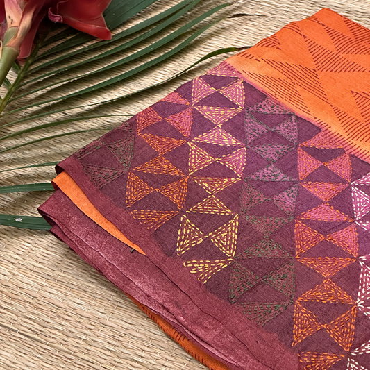 Bright Orange Tussar Silk Saree with Block Print and Kantha Work