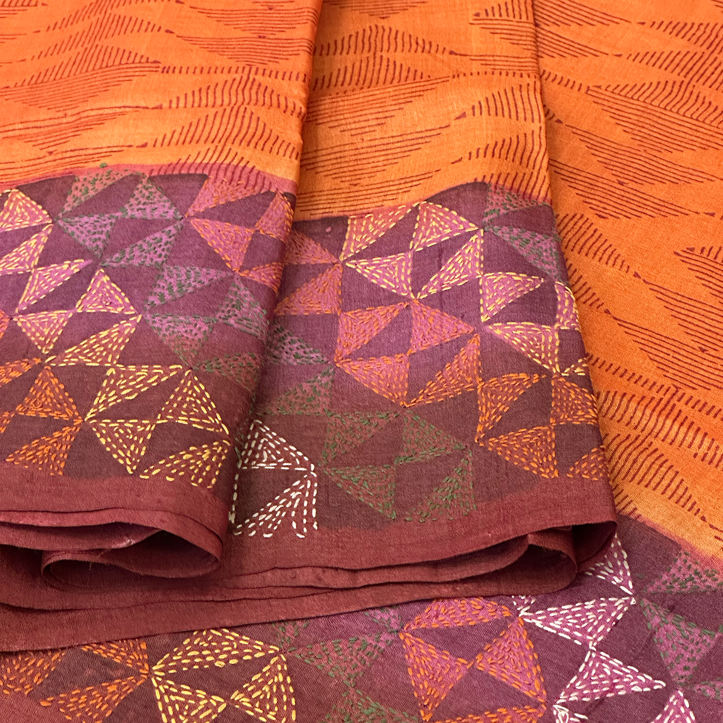 Bright Orange Tussar Silk Saree with Block Print and Kantha Work