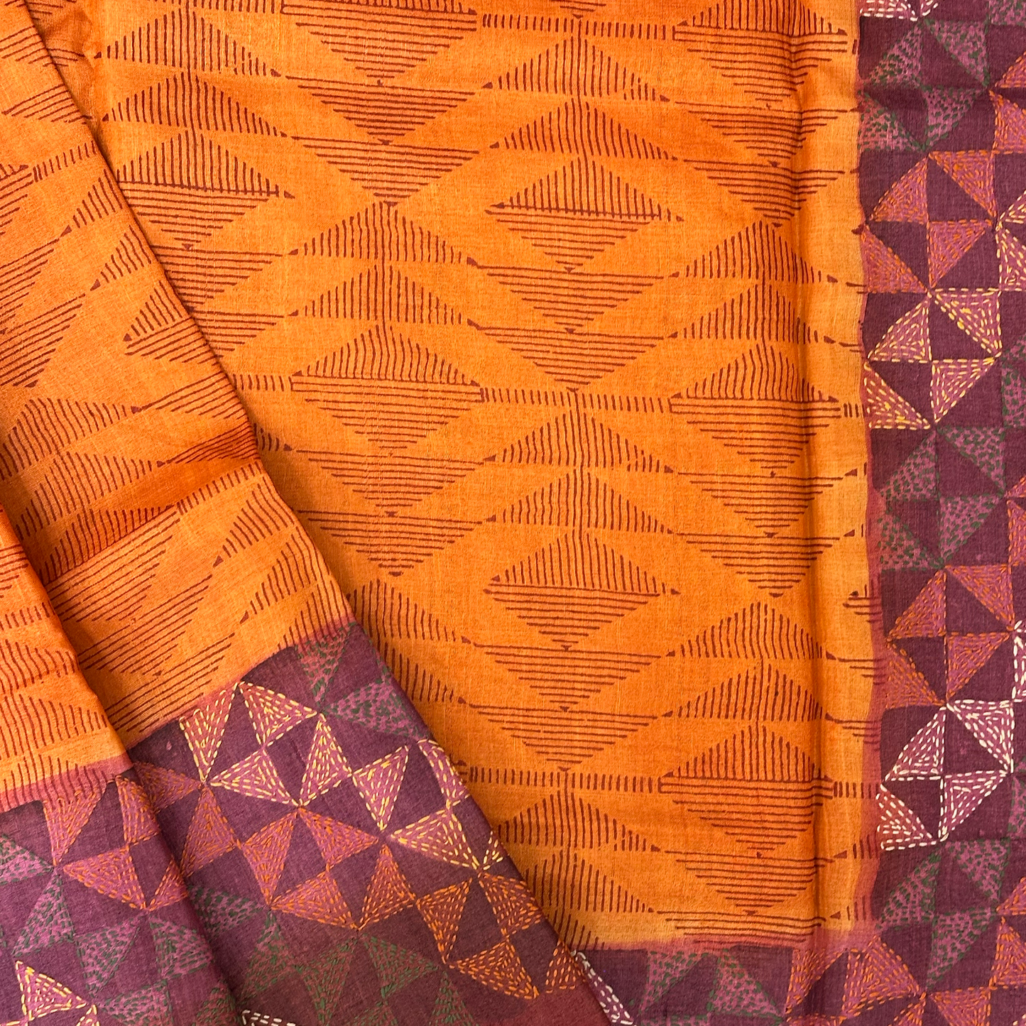 Bright Orange Tussar Silk Saree with Block Print and Kantha Work