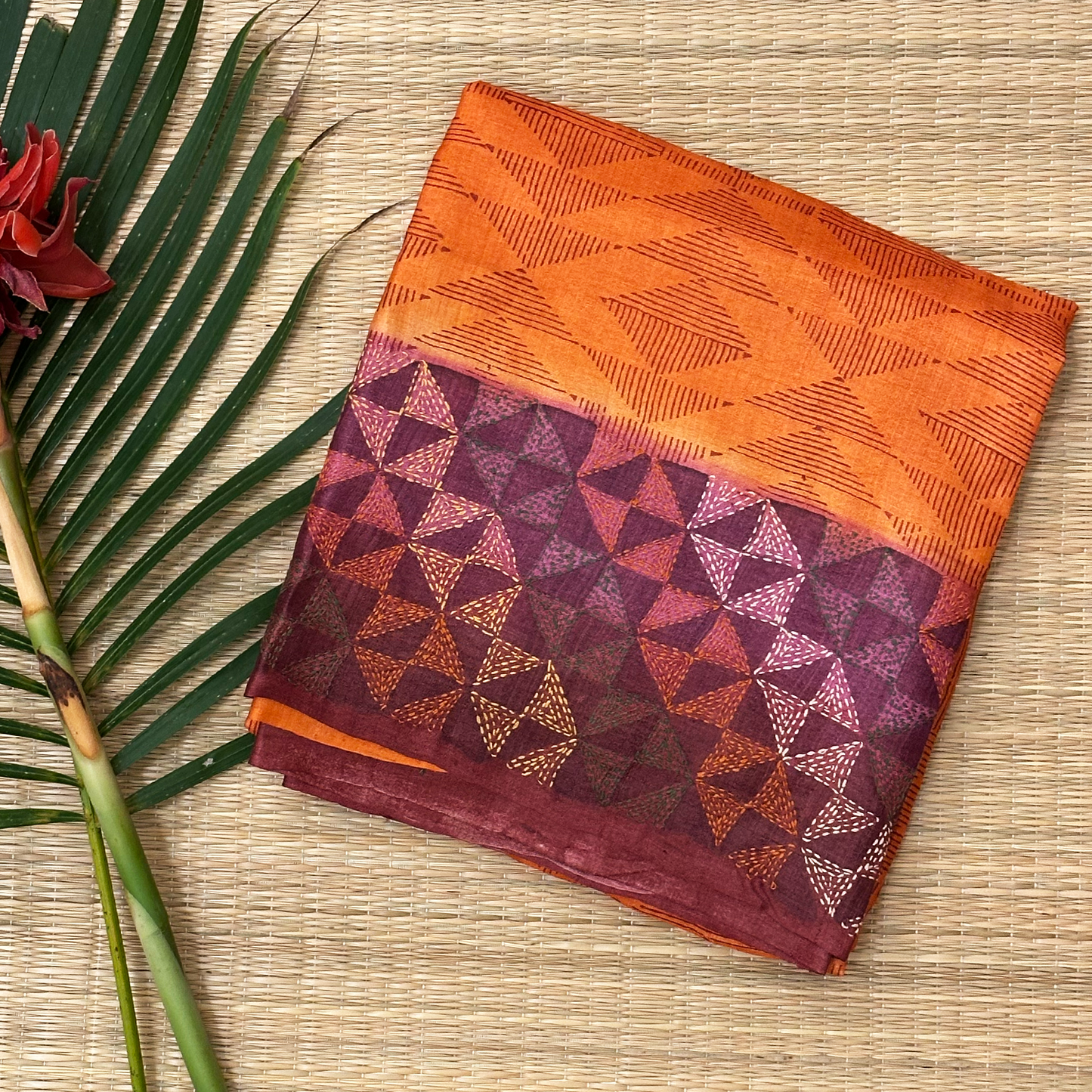 Bright Orange Tussar Silk Saree with Block Print and Kantha Work