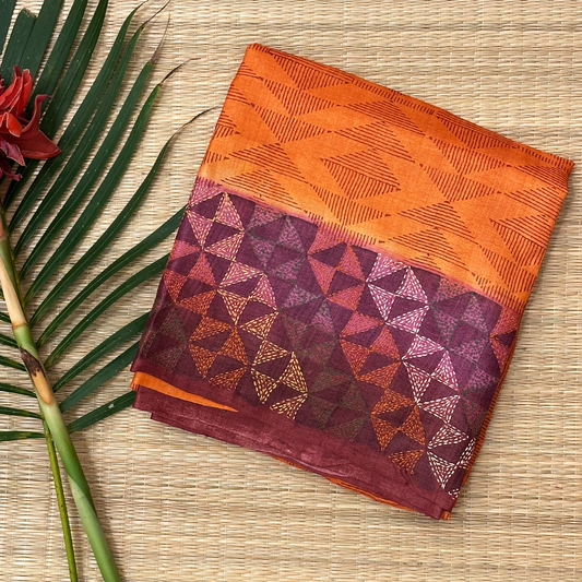 Bright Orange Tussar Silk Saree with Block Print and Kantha Work