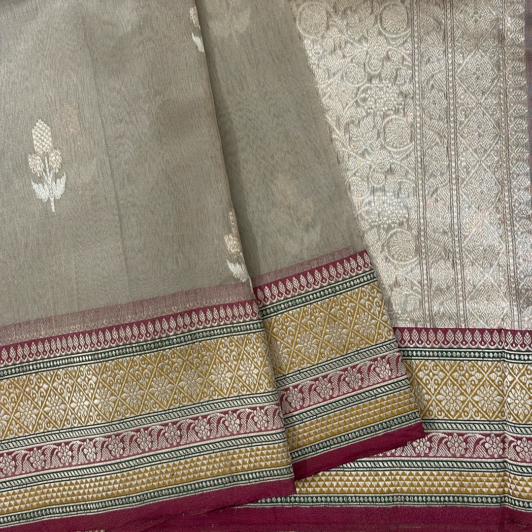 Kora Tissue Banaras Saree In Silver Tone