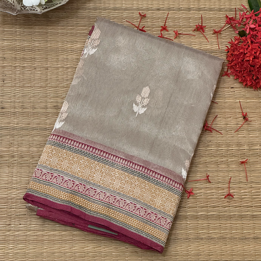Kora Tissue Banaras Saree In Silver Tone
