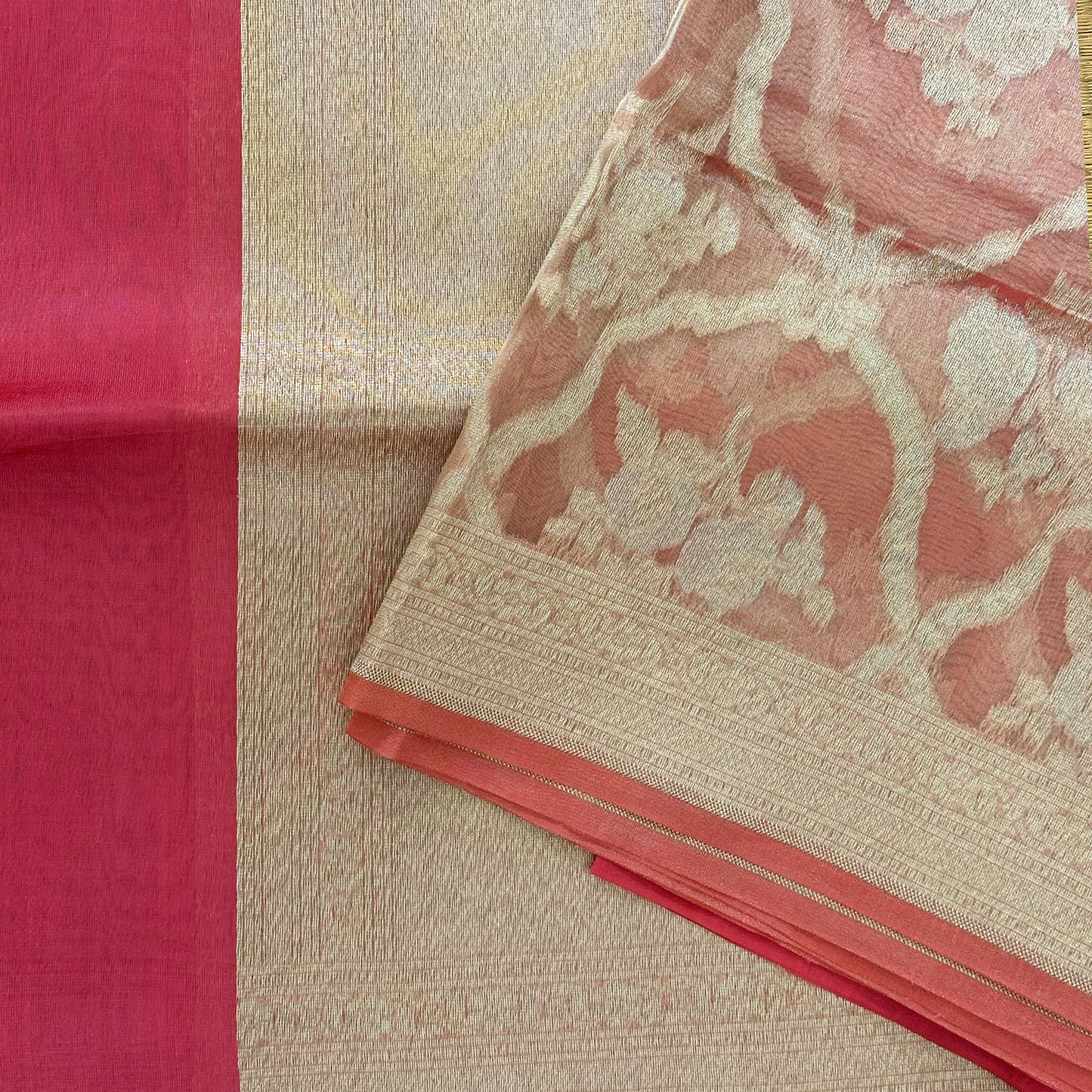 Rich Pink Kora Tissue Saree with Banarasi Blouse Fabric
