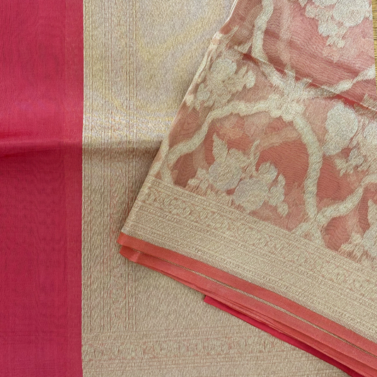 Rich Pink Kora Tissue Saree with Banarasi Blouse Fabric