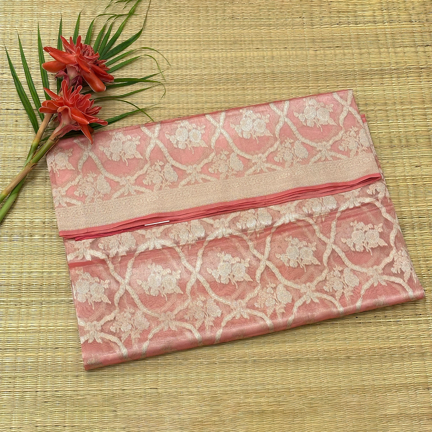 Rich Pink Kora Tissue Saree with Banarasi Blouse Fabric