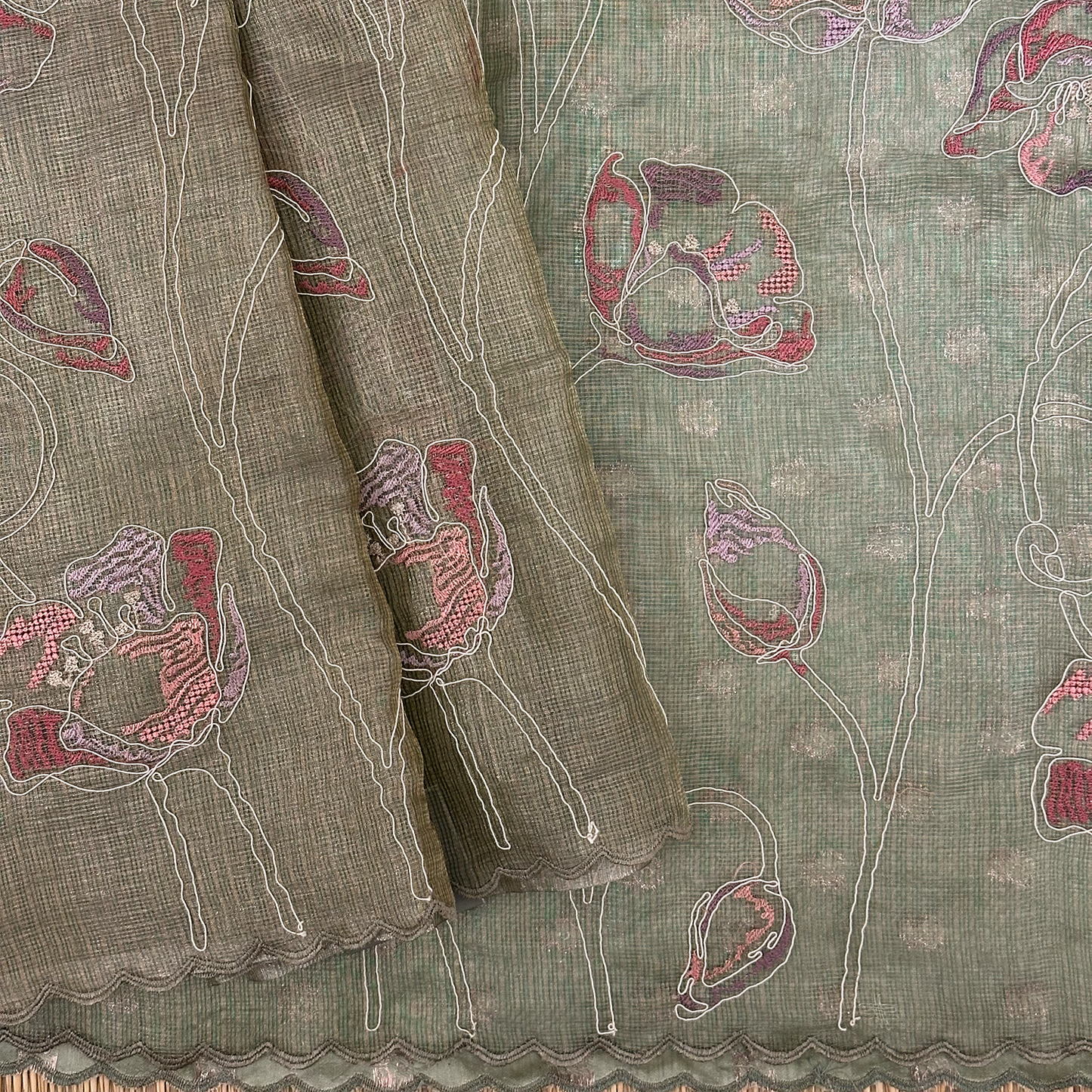 Laurel Green Silk Tissue Kota Saree with Exquisite Floral Embroidery