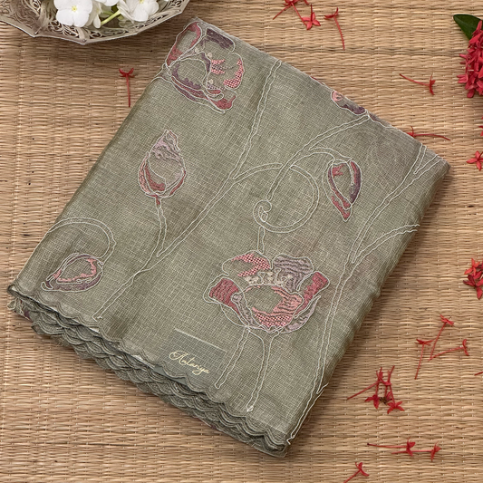Laurel Green Silk Tissue Kota Saree with Exquisite Floral Embroidery