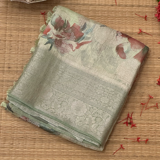Green Floral Digital Printed Linen Silk Saree with Subtle Sheen