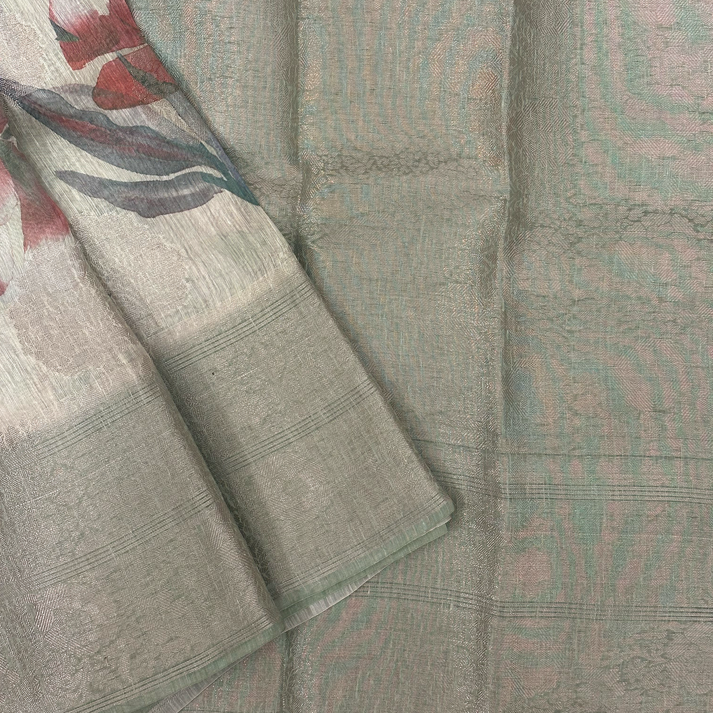 Green Floral Digital Printed Linen Silk Saree with Subtle Sheen