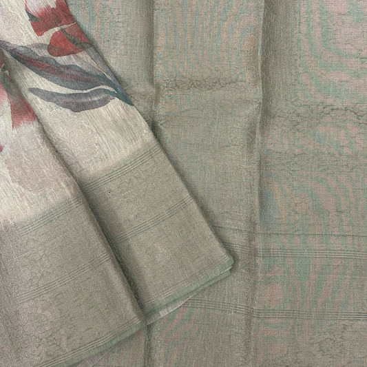 Green Floral Digital Printed Linen Silk Saree with Subtle Sheen