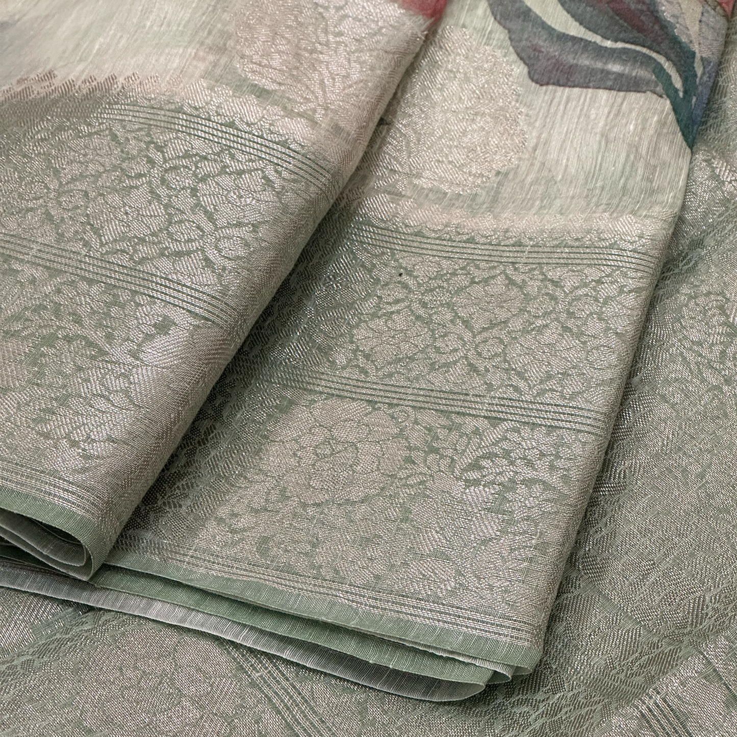 Green Floral Digital Printed Linen Silk Saree with Subtle Sheen