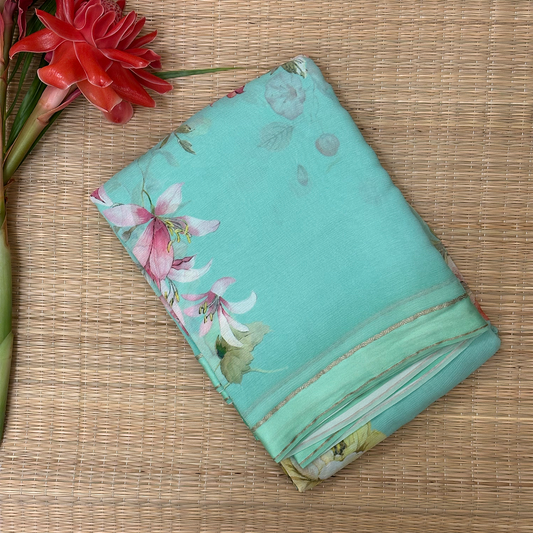 Turquoise Pure Georgette Floral Digital Printed Saree with Blouse