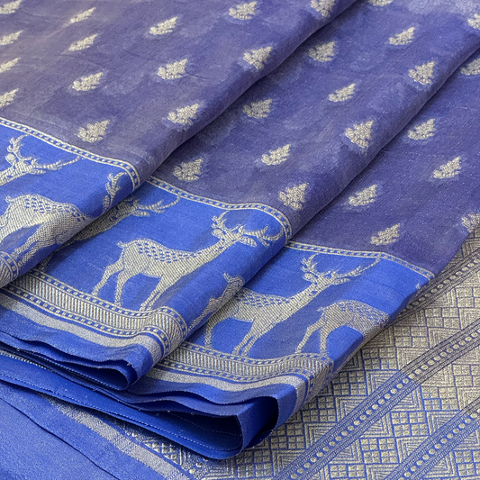 Royal Blue Kora Tissue Banarasi Saree with Antelope Border & Intricate Weave