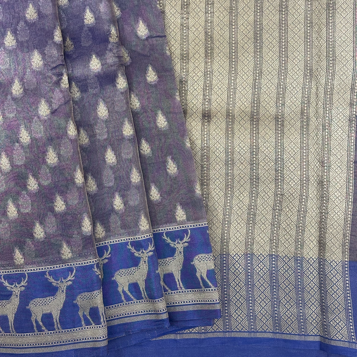 Royal Blue Kora Tissue Banarasi Saree with Antelope Border & Intricate Weave
