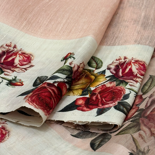 Peach Linen Silk Saree with Floral Digital Printed Border
